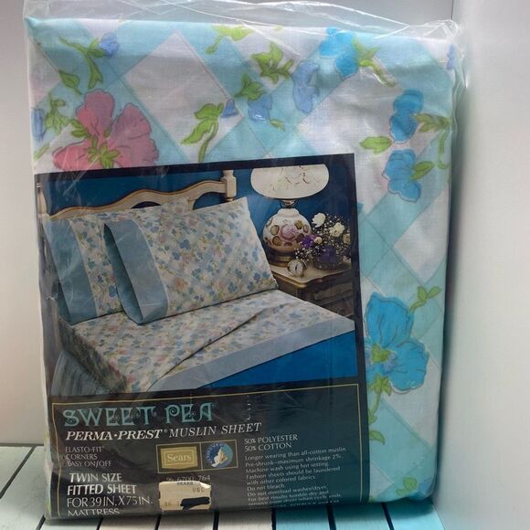 Vintage Sweet Pea Perma-Prest Muslin Twin Flat & Fitted Sheet Floral Sears 1970s - Picture 4 of 5